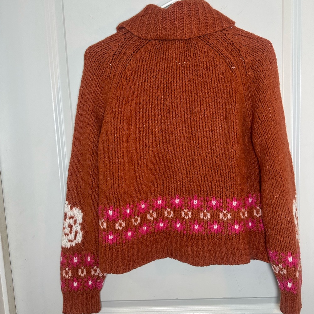 Anthropologie Maeve Rust Orange Swan Open Knit Wool Blend Zip Up Sweater, XS - Picture 11 of 14
